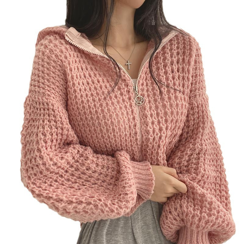 Veste Pull Capuche Crop – Col Revers et Maille Épaisse