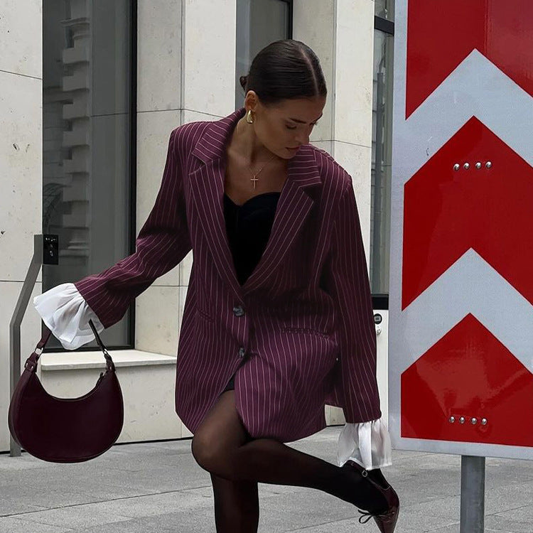 Blazer Rayé Manches Évasées