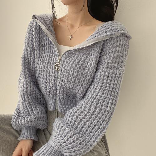 Veste Pull Capuche Crop – Col Revers et Maille Épaisse