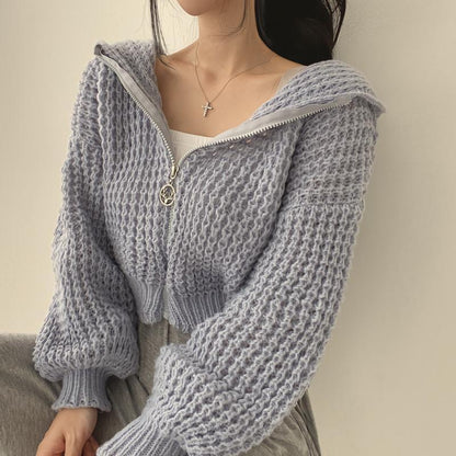 Veste Pull Capuche Crop – Col Revers et Maille Épaisse