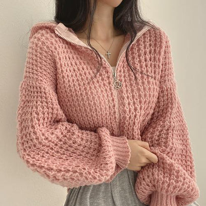 Veste Pull Capuche Crop – Col Revers et Maille Épaisse